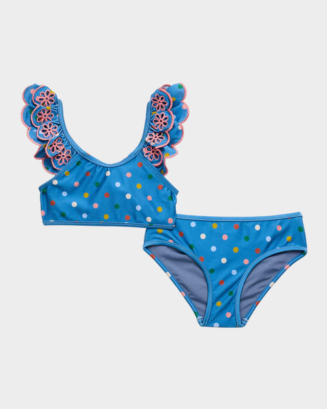 Girl's Polka Dot Embroidered Bikini, Size 2-12